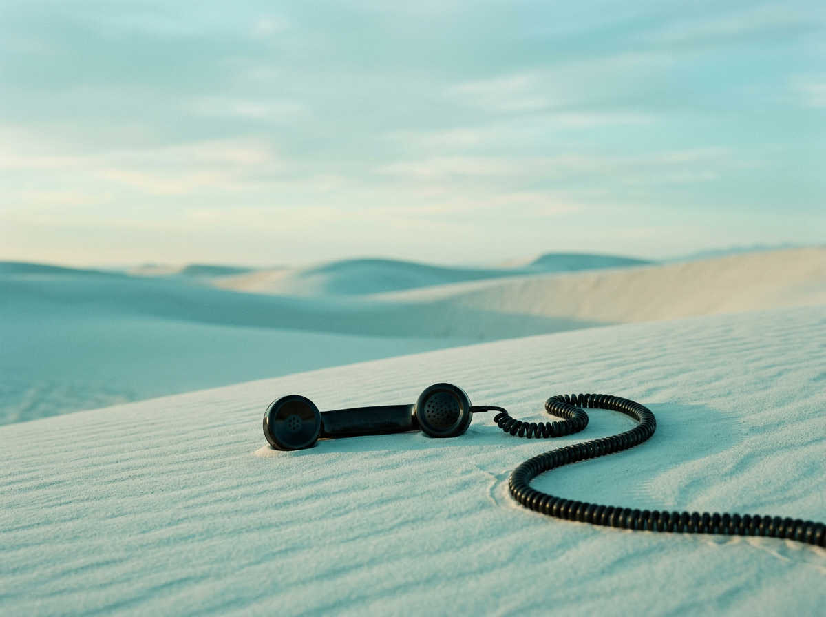 Generated image: a black telephone handset resting on pale dunes under a teal sky