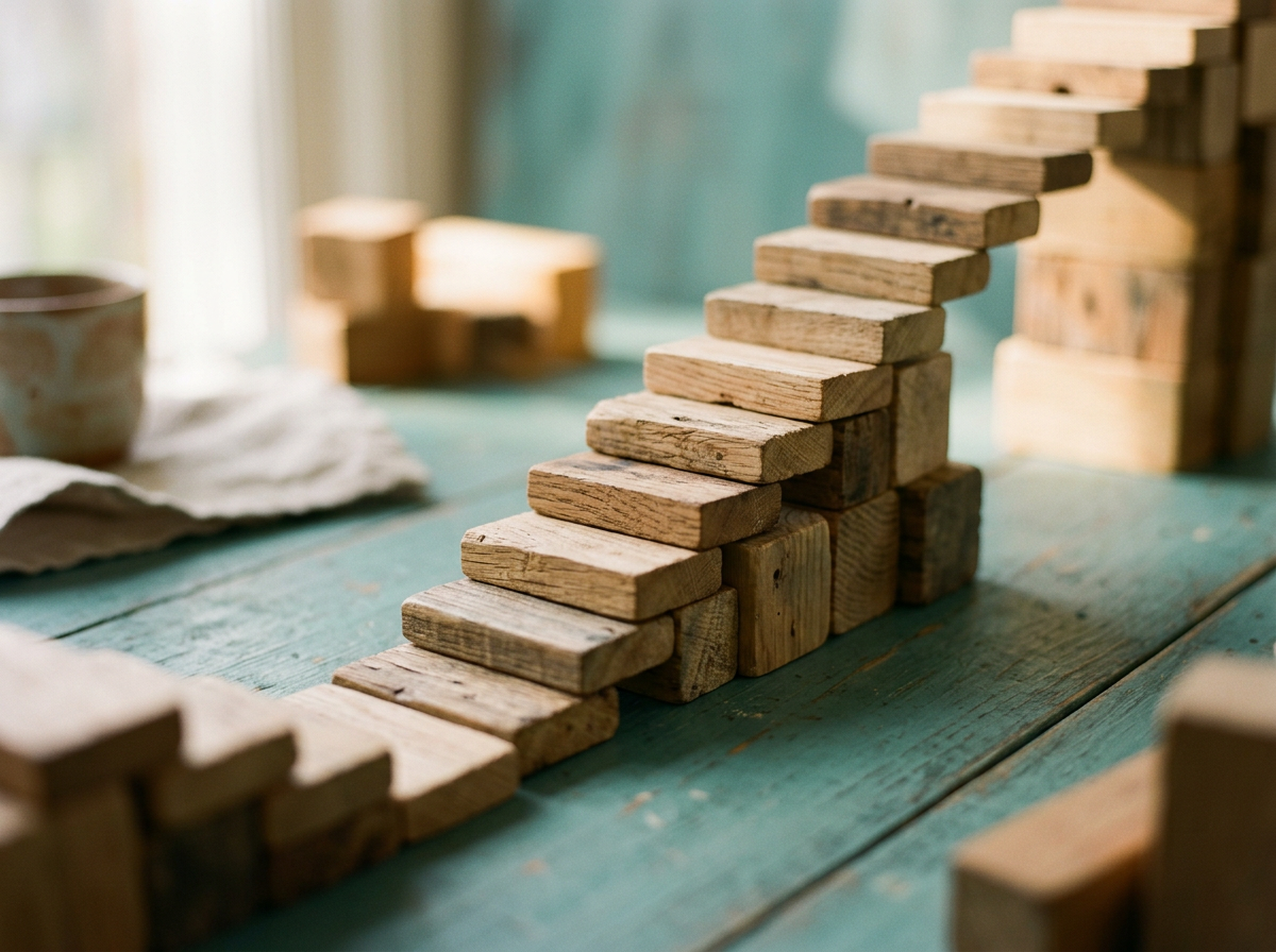 Generated image: wooden blocks stacked into a staircase on a teal table