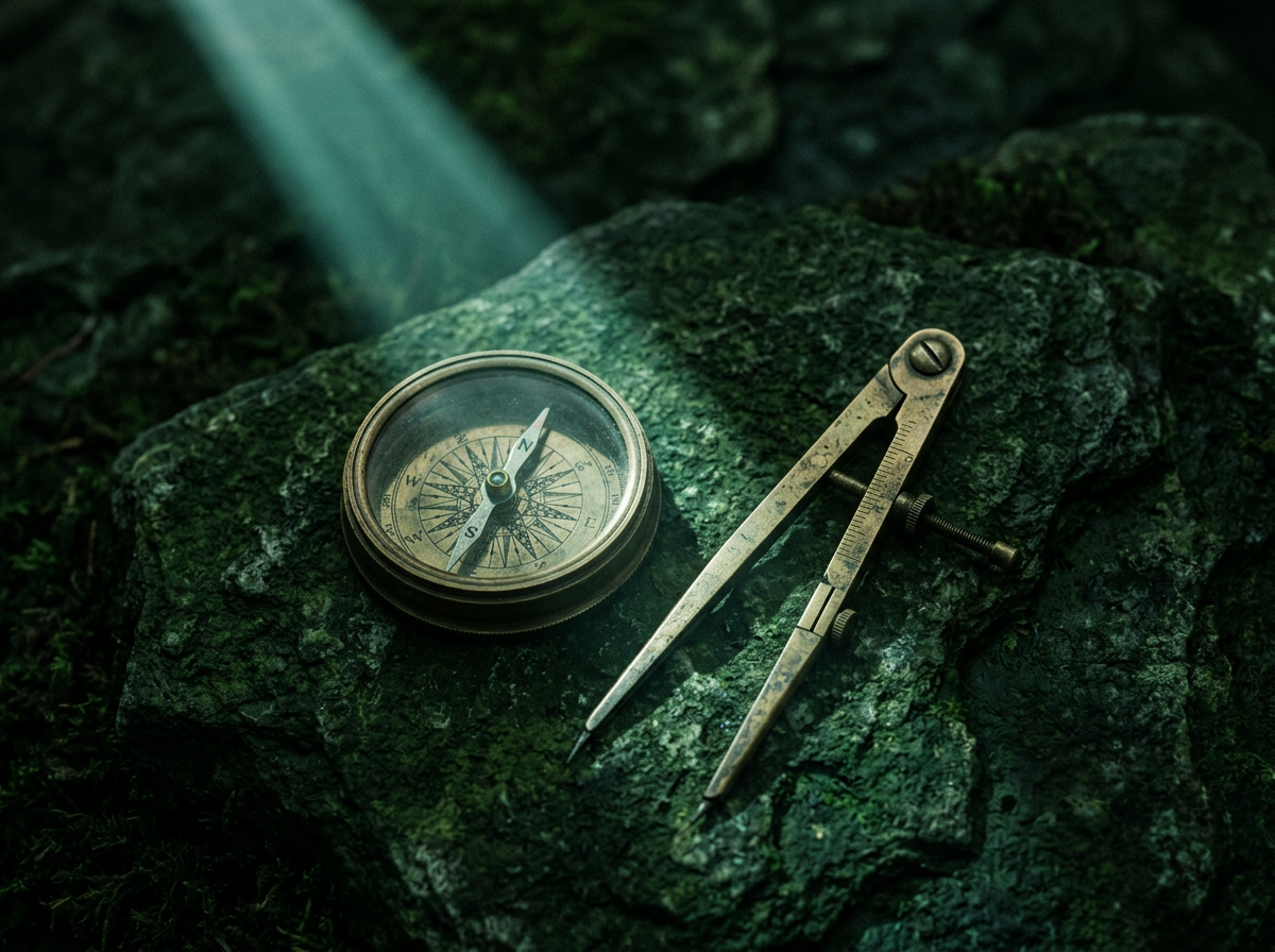 Generated image: a brass compass and calipers on moss-covered stone